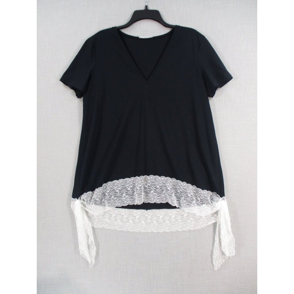 Zara Womens Black & White Lace Hem V-Neck Top Size‎ L